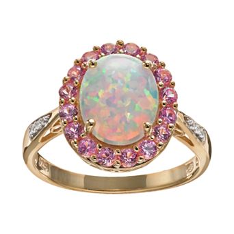 Classic Treasures Lab-Created Opal and Lab-Created Sapphire 18k Gold Over Silver Oval Halo Ring