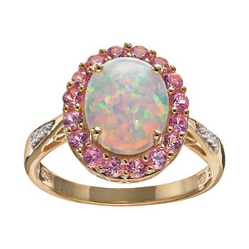 Lab-Created Opal & Lab-Created Sapphire 18k Gold Over Silver Oval Halo Ring