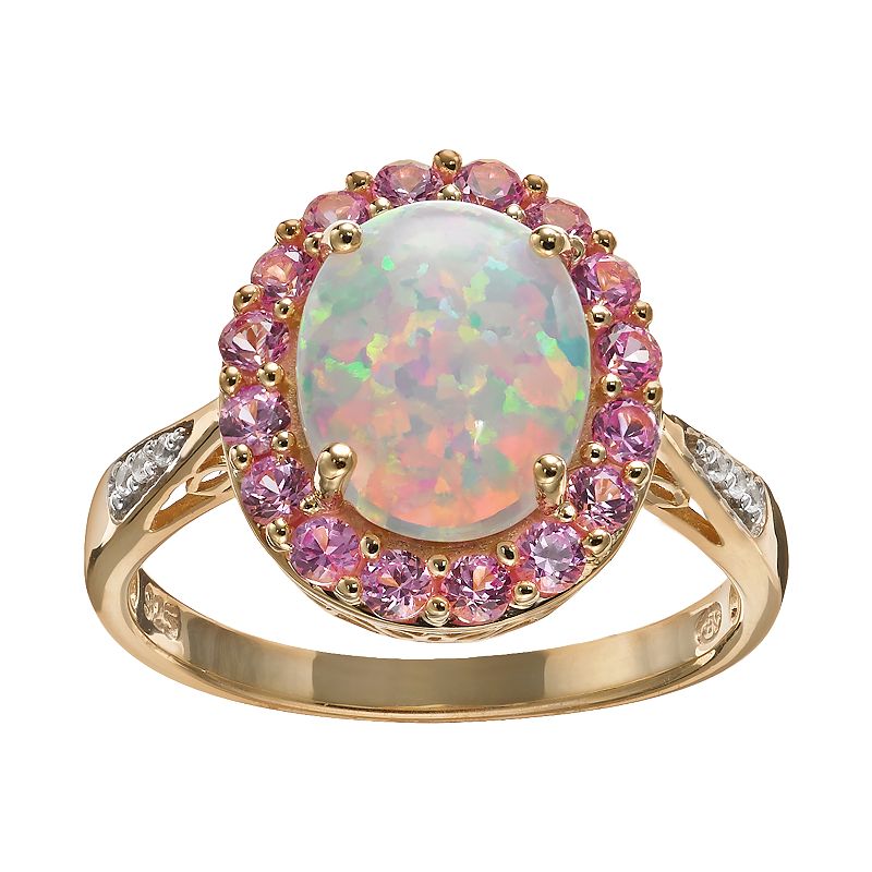 Lab-Created Opal and Lab-Created Sapphire 18k Gold Over Silver Oval Halo Ri