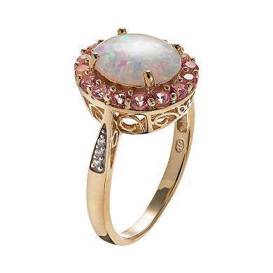 Lab-Created Opal and Lab-Created Sapphire 18k Gold Over Silver Oval Halo Ring
