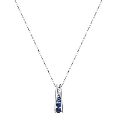 Lab-Created Blue and White Sapphire Sterling Silver Graduated Stick Pendant Necklace