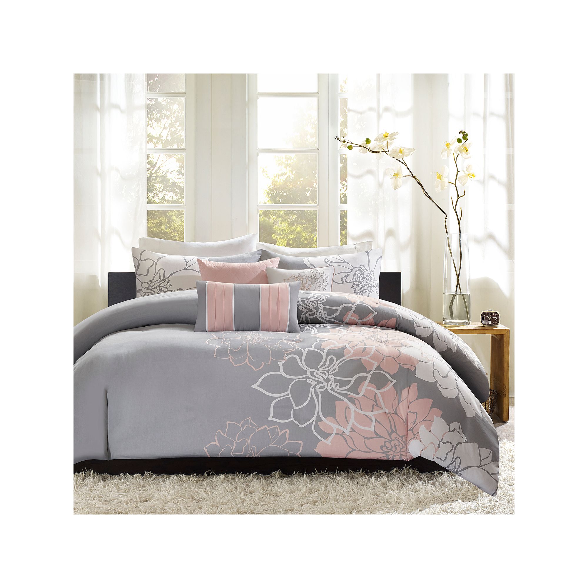 Madison Park Brianna 6-piece Floral Duvet Cover Set with Throw Pillows, Gra