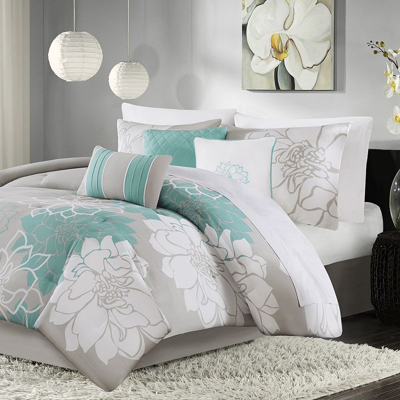 Madison Park Brianna Floral Comforter Set with Throw Pillows, Turquoise/Blu