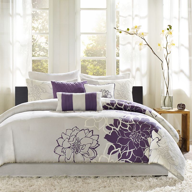7pc Queen Jane Floral Print Comforter Set Gray/Purple - Madison Park