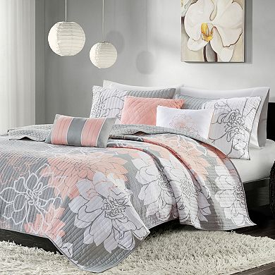 Madison Park Brianna 6-Piece Floral Quilt Set with Shams and Decorative Pillows