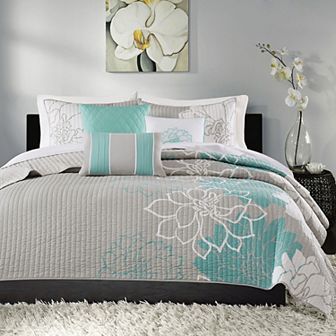 Madison Park Brianna 6 pc Floral Quilt Set with Shams and Throw Pillows