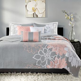 Madison Park Brianna 6 pc Floral Quilt Set with Shams and Throw Pillows