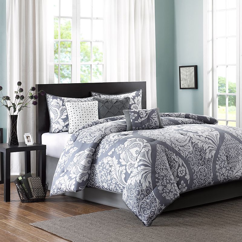Madison Park 7pc Queen Adela Printed Comforter Bedding Set Slate: Includes Bed Skirt & 3 Decorative Pillows