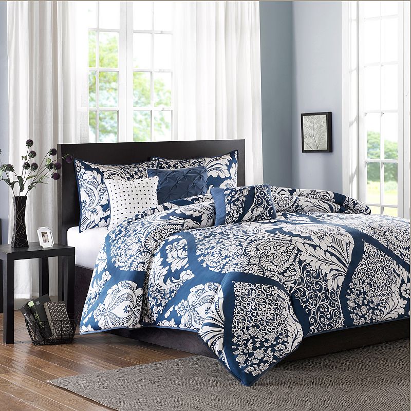 7-Piece Luxury Comforter Set in Damask Indigo  Queen