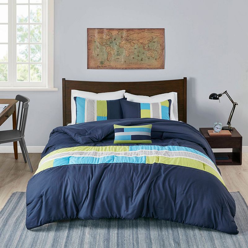 Mi Zone Circuit Block Striped Comforter Set with Throw Pillow, Blue, Twin