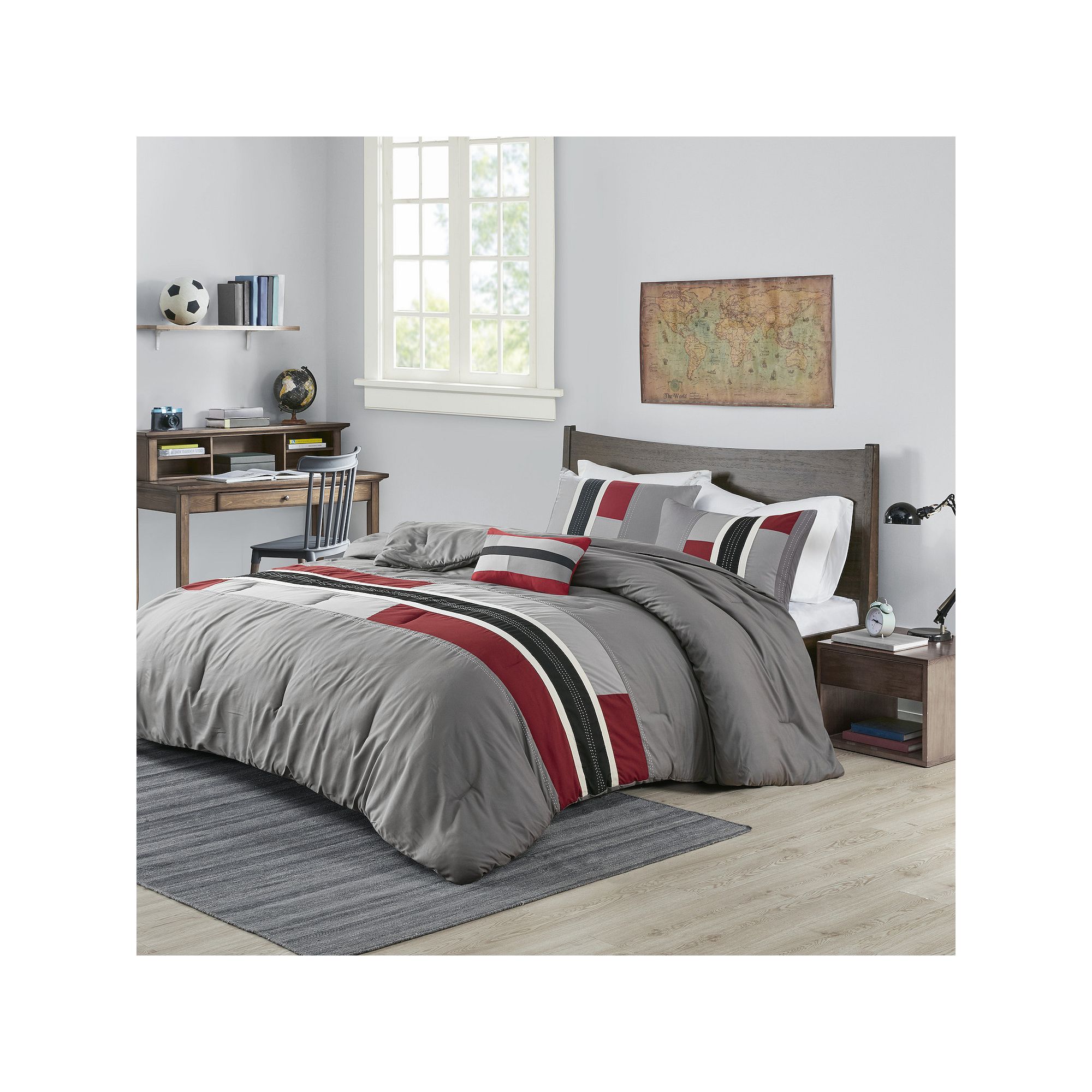 Intelligent Design Circuit Block Striped Comforter Set with Throw Pillow, R