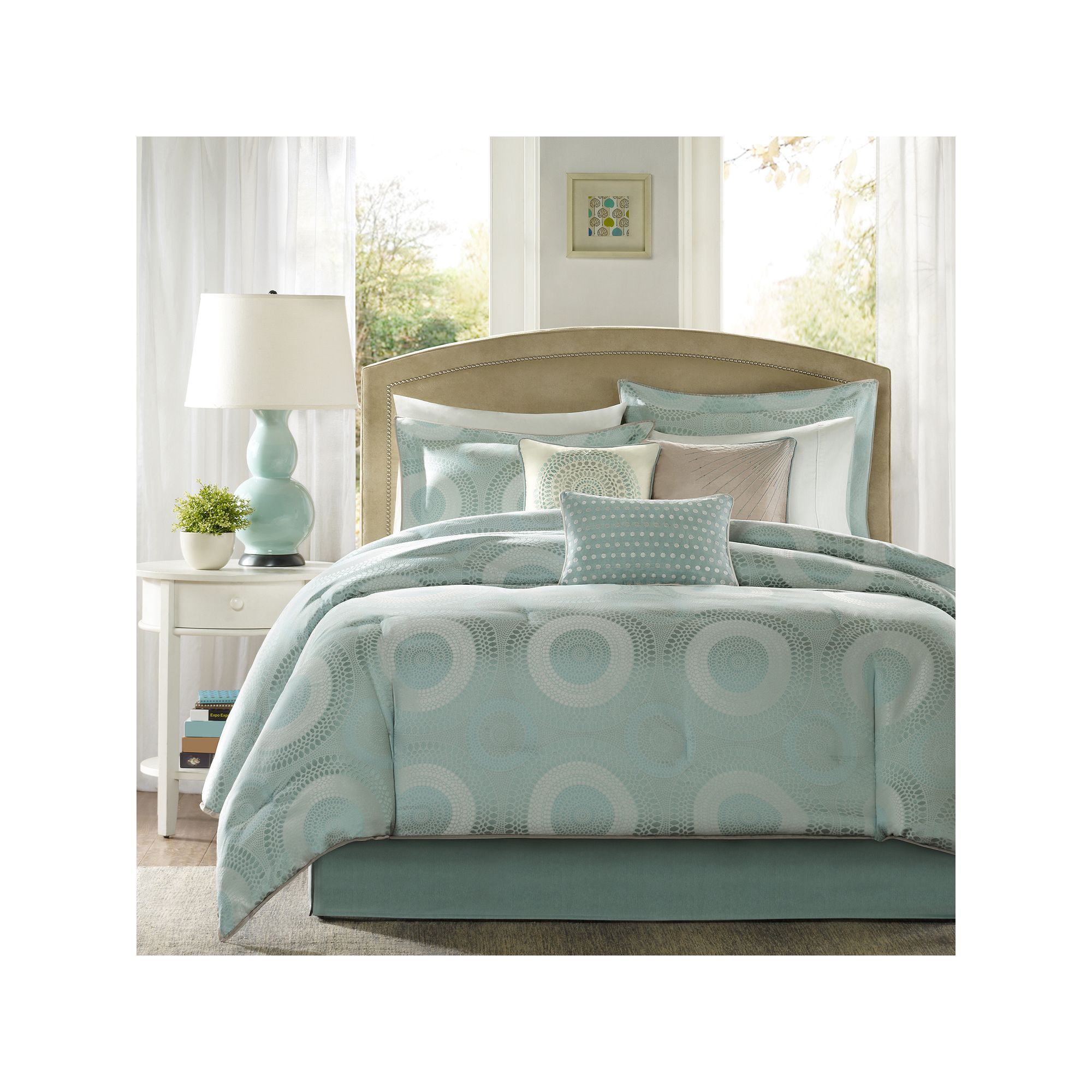 Madison Park Mason 7-Piece Jaquard Comforter Set with Throw Pillows, Blue