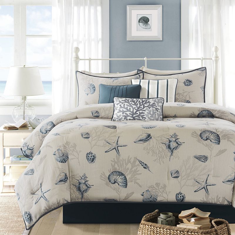 Madison Park Bayside 7-Piece 100 Percent Cotton Printed Comforter Set in Blue