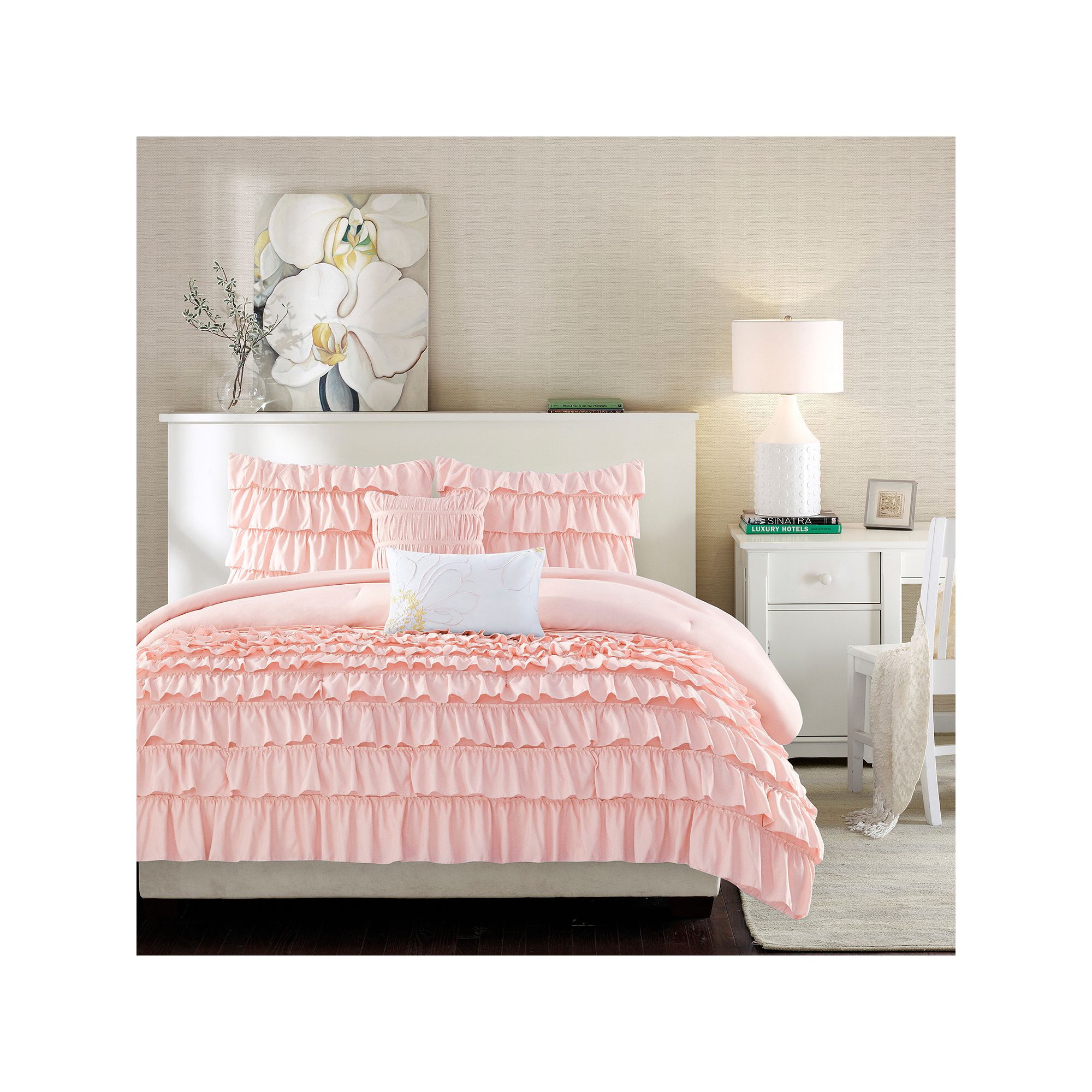 Intelligent Design Demi Ruffle Comforter Set with Throw Pillows, Blush
