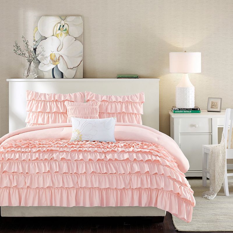 Intelligent Design Demi Ruffle Comforter Set with Throw Pillows, Med Pink, 