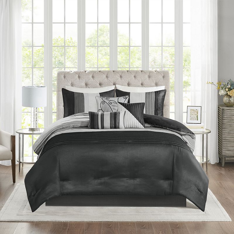 Madison Park Eastridge 7-piece Comforter Set with Throw Pillows, Black, Ful