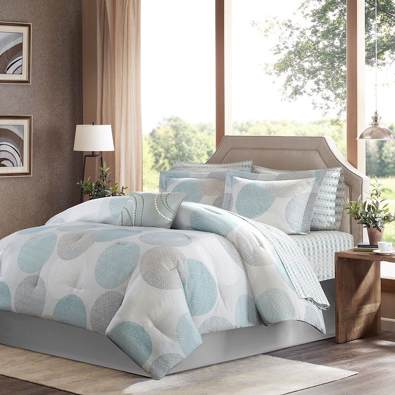 Cabrillo Complete Multiple Piece Comforter Set (Full) 9-Piece - Aqua: Madison Park Microfiber Bedding Ensemble with Embroidered Details