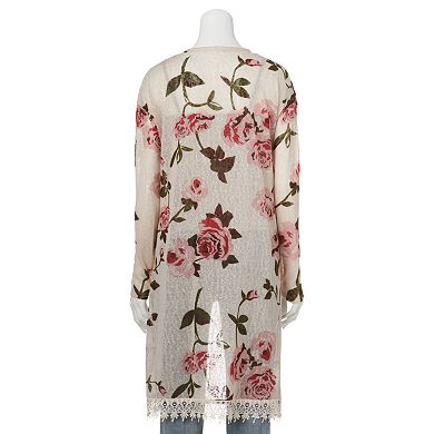 Freshman Floral Crochet Trim Kimono Cardigan - Juniors
