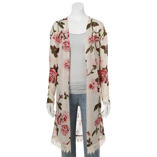 Freshman Floral Crochet Trim Kimono Cardigan Juniors