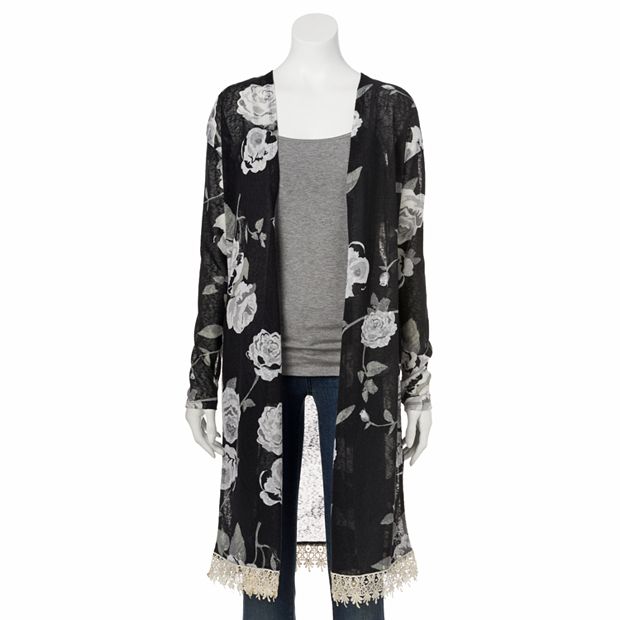 Freshman Floral Crochet Trim Kimono Cardigan Juniors