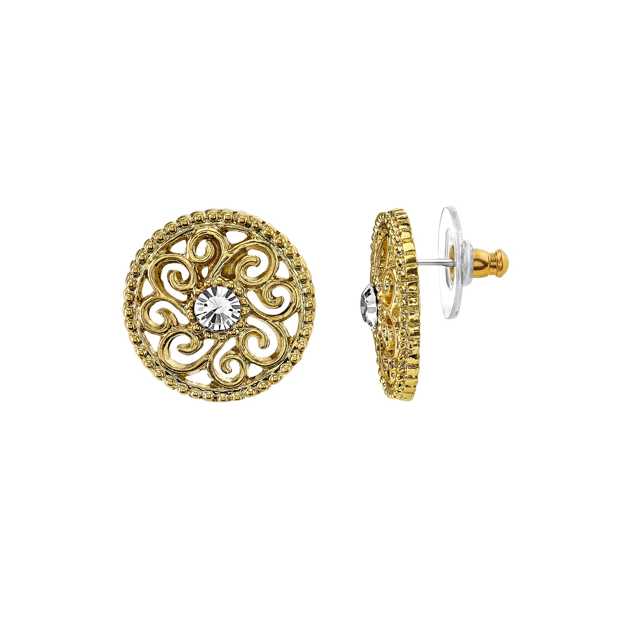 1928 Filigree Circle Stud Earrings, Womens, Gold Tone