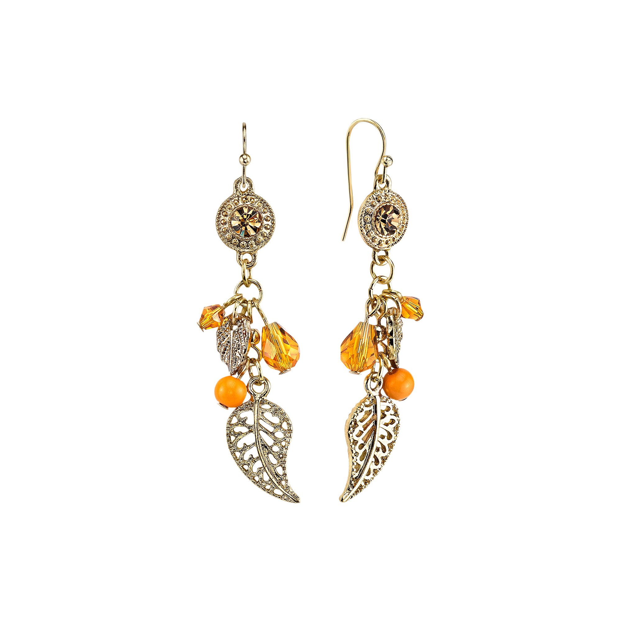 1928 Bead & Leaf Drop Earrings, Womens, Gold Tone