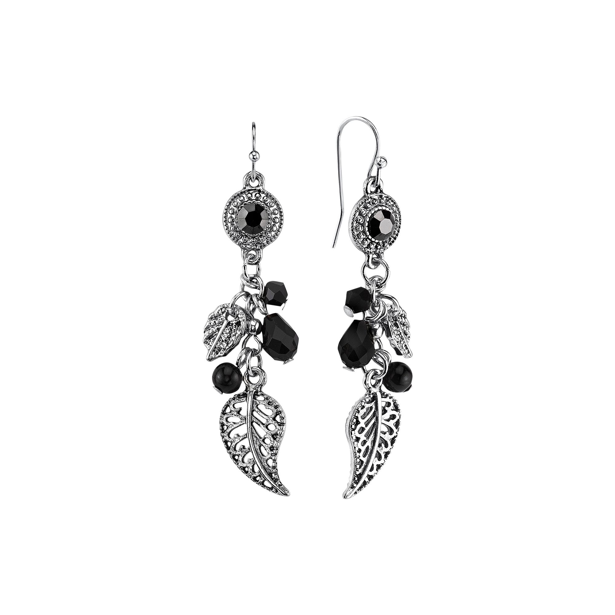 1928 Bead & Leaf Drop Earrings, Womens, Silver Tone Black