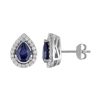 Stella Grace Lab-Created Blue Sapphire and Lab-Created White Sapphire Sterling Silver Teardrop Halo Stud Earrings