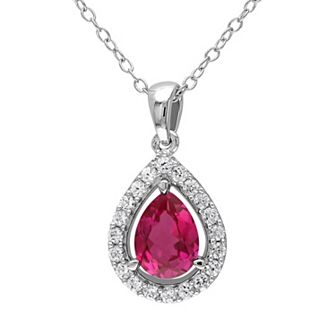 Stella Grace Lab-Created Ruby & Lab-Created White Sapphire Sterling Silver Teardrop Halo Pendant Necklace