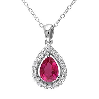 Stella Grace Lab-Created Ruby & Lab-Created White Sapphire Sterling Silver Teardrop Halo Pendant Necklace