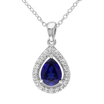Stella Grace Lab-Created Blue Sapphire & Lab-Created White Sapphire Sterling Silver Teardrop Halo Pendant Necklace