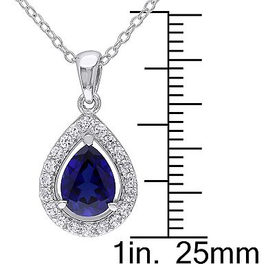 Stella Grace Lab-Created Blue Sapphire & Lab-Created White Sapphire Sterling Silver Teardrop Halo Pendant Necklace