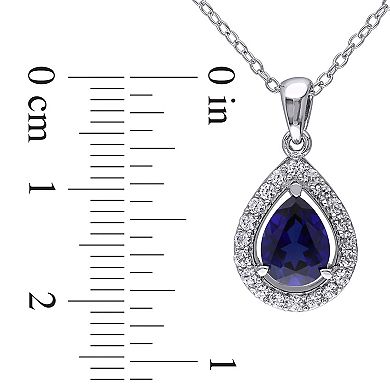 Stella Grace Lab-Created Blue Sapphire & Lab-Created White Sapphire Sterling Silver Teardrop Halo Pendant Necklace