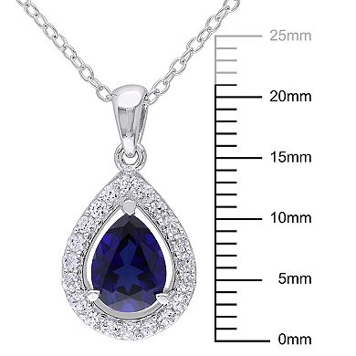 Stella Grace Lab-Created Blue Sapphire & Lab-Created White Sapphire Sterling Silver Teardrop Halo Pendant Necklace