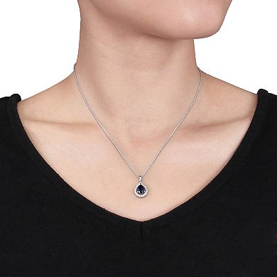 Stella Grace Lab-Created Blue Sapphire & Lab-Created White Sapphire Sterling Silver Teardrop Halo Pendant Necklace