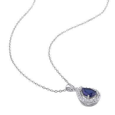 Stella Grace Lab-Created Blue Sapphire & Lab-Created White Sapphire Sterling Silver Teardrop Halo Pendant Necklace