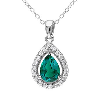 Stella Grace Lab-Created Emerald & Lab-Created White Sapphire Sterling Silver Teardrop Halo Pendant Necklace