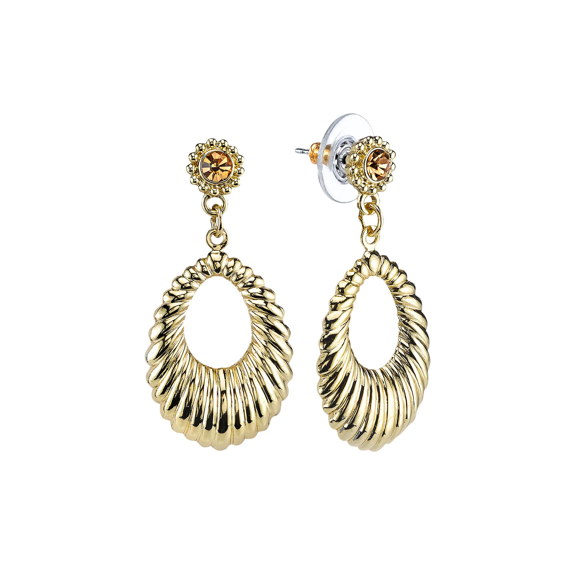 1928 Ribbed Teardrop Earrings, Womens, Gold Tone