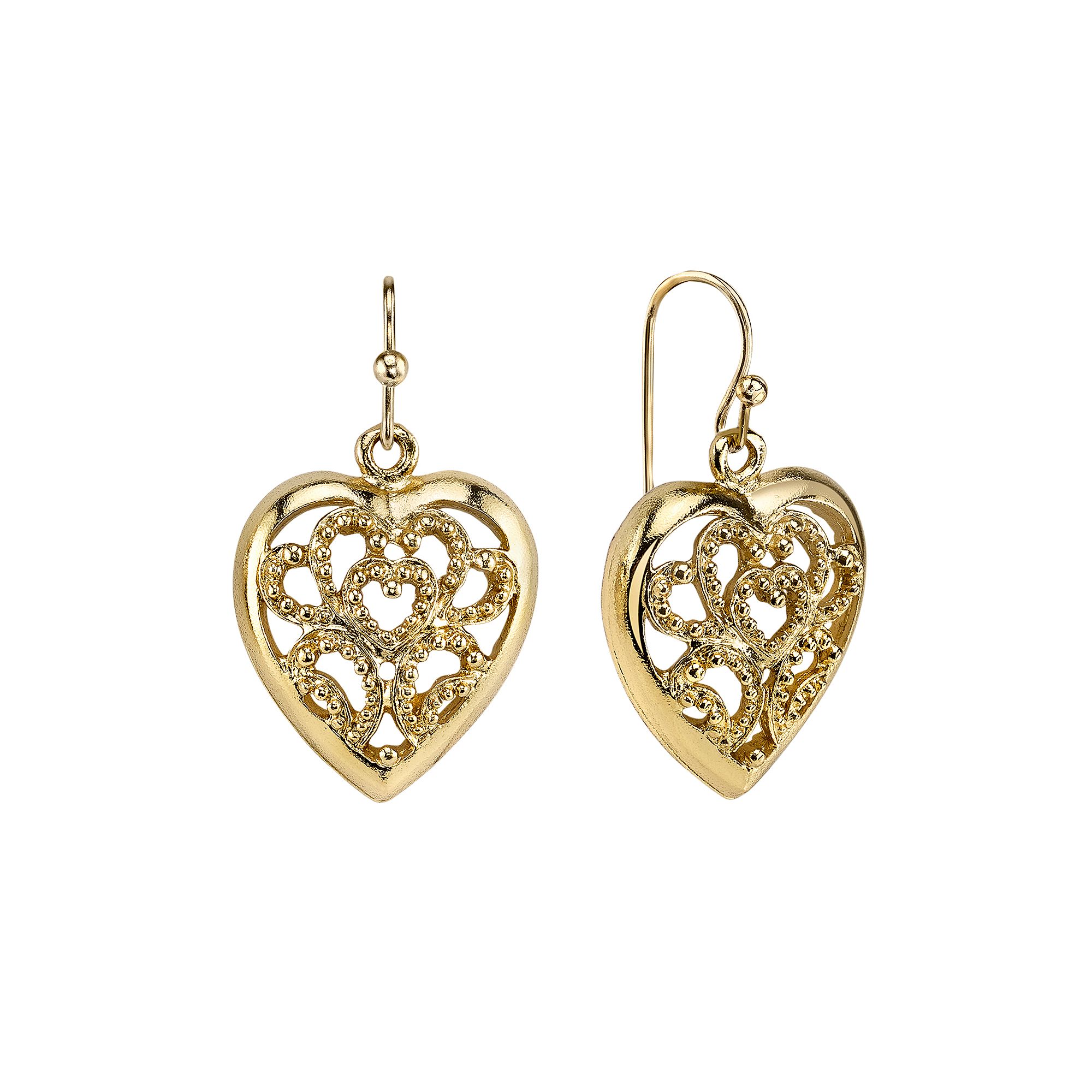 1928 Openwork Heart Drop Earrings, Womens, Gold Tone