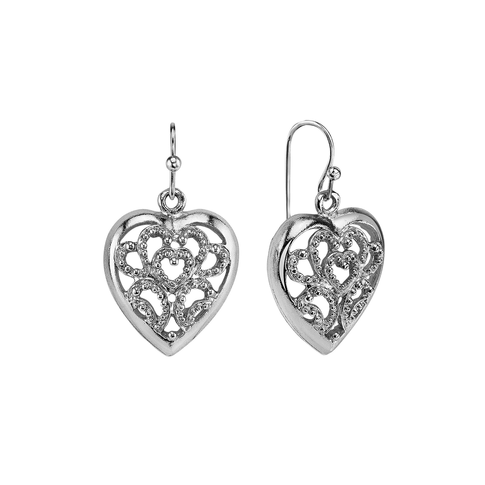 1928 Openwork Heart Drop Earrings, Womens, Silver Tone