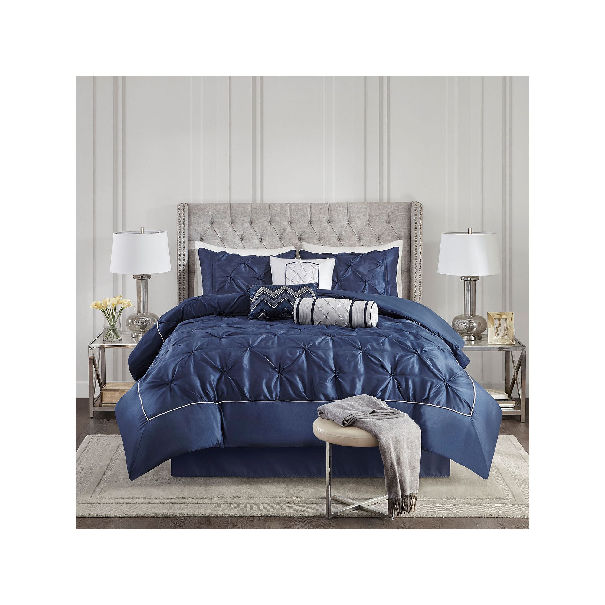 Madison Park Vivian 7-piece Tufted Comforter Set with Throw Pillows, Blue