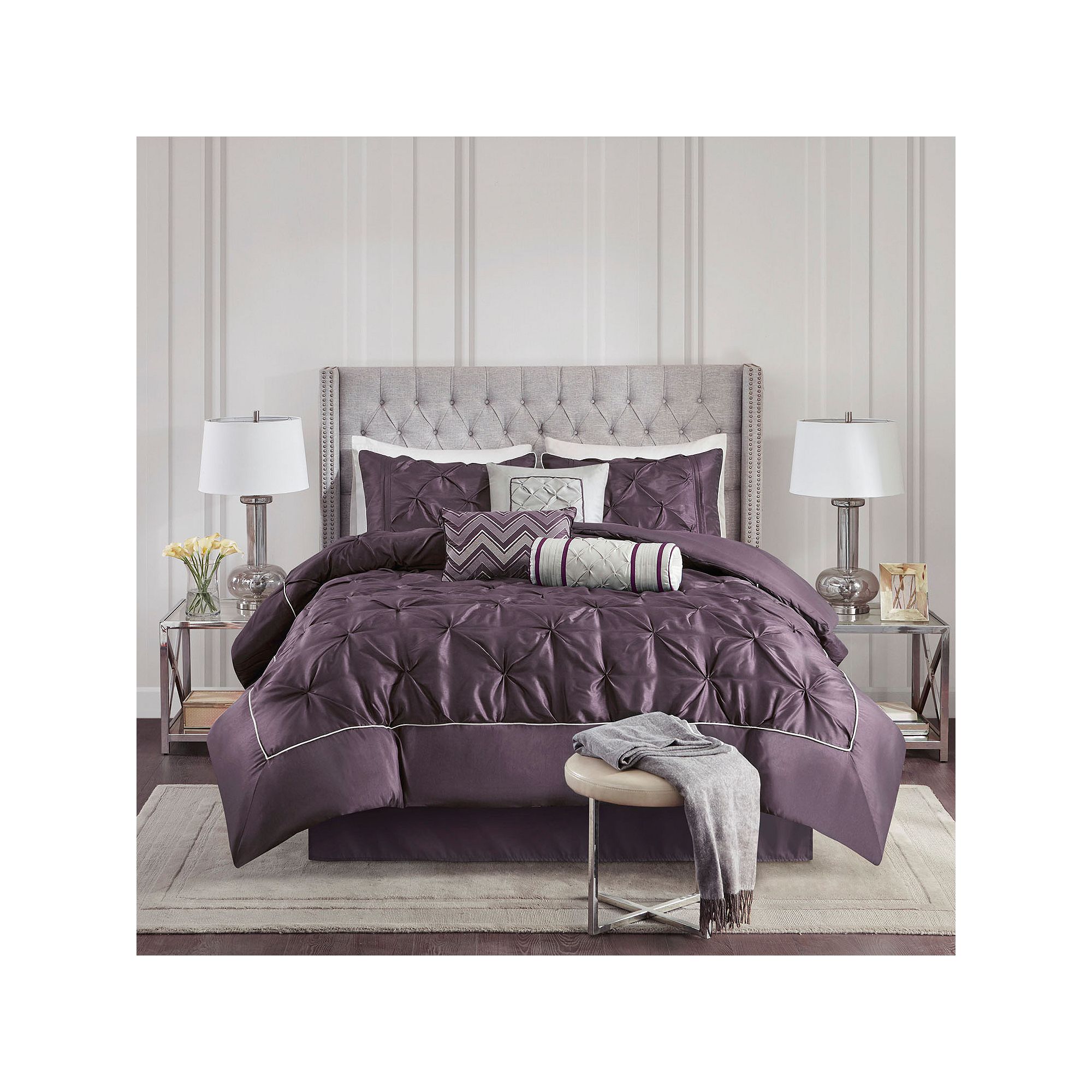 Madison Park Vivian 7-piece Tufted Comforter Set with Throw Pillows, Purple