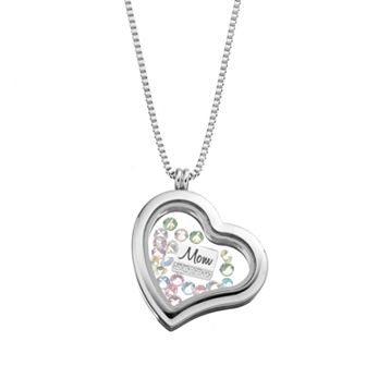 Blue La Rue Crystal Stainless Steel 1.2 in Heart "Mom" Charm Locket