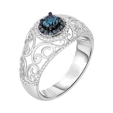 1/3 Carat T.W. Blue Diamond Sterling Silver Halo Filigree Ring