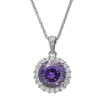 Sophie Miller Purple & White Cubic Zirconia Sterling Silver Halo Pendant Necklace