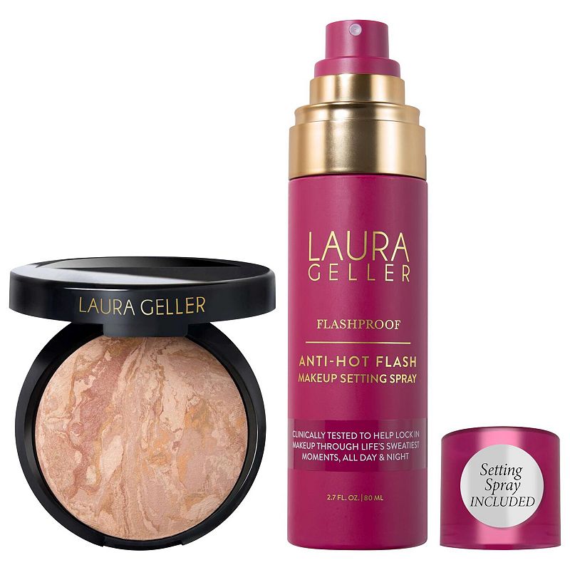 Laura Geller Balance and Brighten Color Correcting Baked Powder Foundation + FlashProof AntiHot Flash Setting Spray Set, Size: 1.6 Oz, Fair