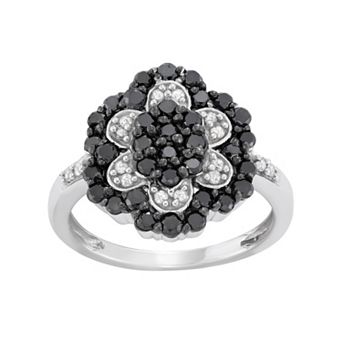 Jewelexcess 1 Carat T.W. Black and White Diamond Sterling Silver Flower Ring