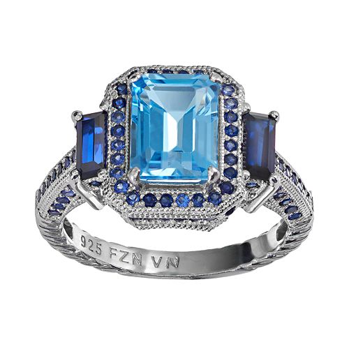 Blue Topaz & Lab-Created Sapphire Sterling Silver Tiered Rectangle Ring