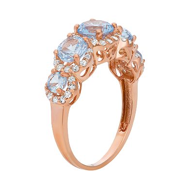 Lab-Created Aquamarine and Lab-Created White Sapphire 14k Rose Gold Over Silver 5-Stone Halo Ring