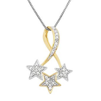 HDI 1/6 Carat T.W. Diamond Sterling Silver and 18k Gold Two Tone Triple Star Pendant Necklace